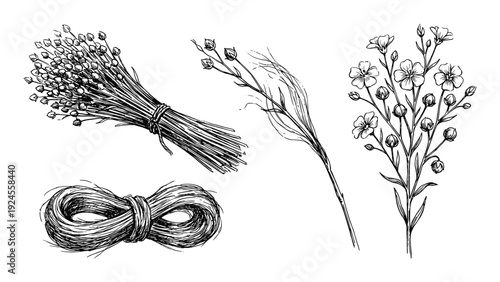 Flax plant illustration with flowers, stems, seeds, and twisted fiber rope drawing in detailed black and white