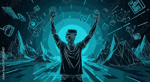 Man in virtual reality headset celebrating with raised arms amidst futuristic neon blue landscape and abstract geometric shapes