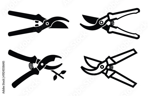 Four garden pruners illustrations, silhouette pruning shears cutting branch and plant stem for gardening projects