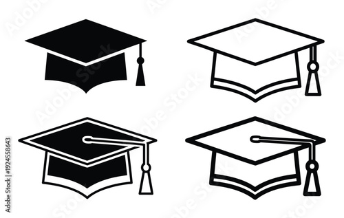 Four graduation caps illustration in black and white styles, academic mortarboards with tassels, degree symbols