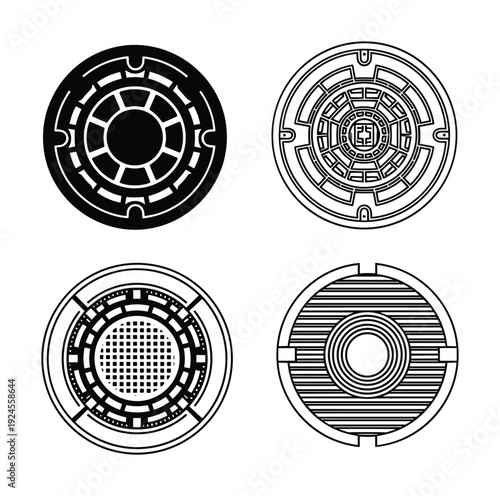 Four different sewer manhole cover designs, circular, vector illustration, with abstract geometric patterns.