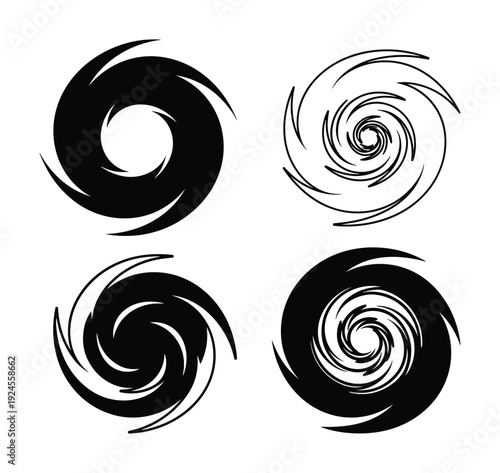 Four hurricane storm cyclone tornado spiral swirl vector illustrations black and white