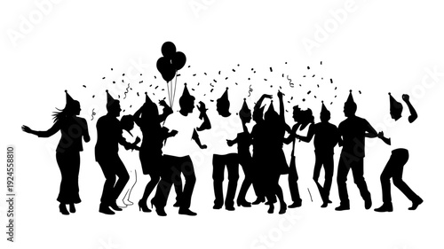 Silhouetted party people dancing with confetti and balloons in vibrant celebration on black and for event invitation Transparent BACKGROUND