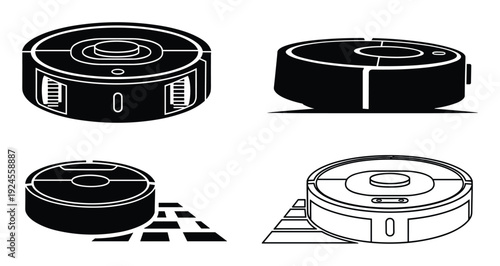 Four views of robot vacuum cleaner vector illustration, cleaning equipment device detailed black outline drawing