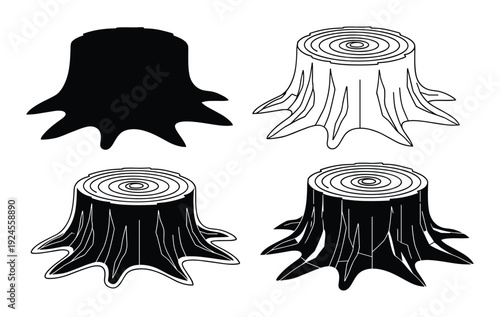 Four tree stumps illustrations, different graphic styles, in black and white colors, isolated on a white background