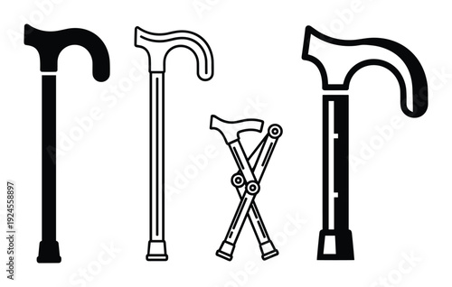 Four walking canes vector illustration, black and white line art of different styles and folding mechanism for mobility