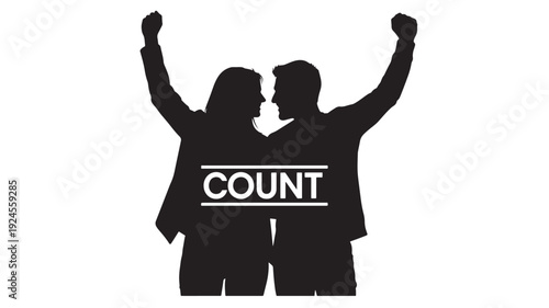 Silhouetted couple celebrating with raised arms in minimalist black and illustration for election campaign Transparent BACKGROUND