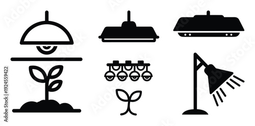 Grow lights and plants icons. Indoor gardening light fixtures for plants growing, cultivation process illustration.