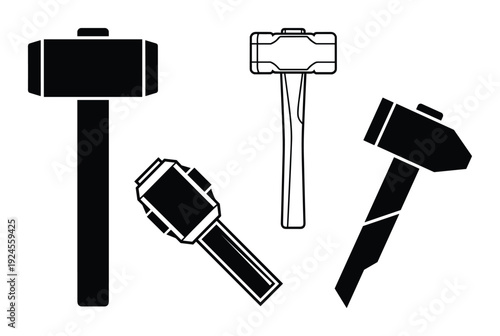 Hammers collection vector illustrations set. Black and white hammers with different styles