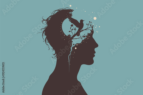Head Silhouette Bird Flight from Blossoming Brain: Child Trauma Freedom, Mind Growth