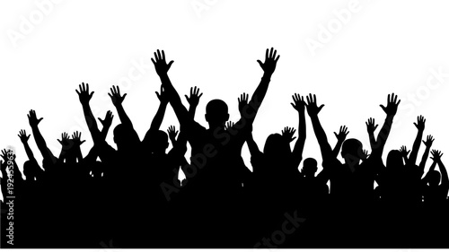 Crowd Silhouette with Raised Hands in Joyful Celebration against for Event Promotion Transparent BACKGROUND