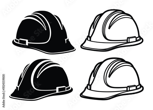Hard hats vector illustration set, construction helmets in black and outline, safety equipment symbols for worker
