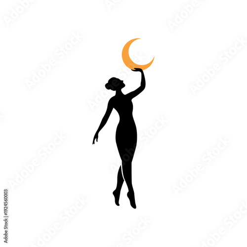 crescent woman logo. Ideal for mystical and magical designs, depicting a woman in the night holding a crescent moon. Suitable for fantasy book covers.