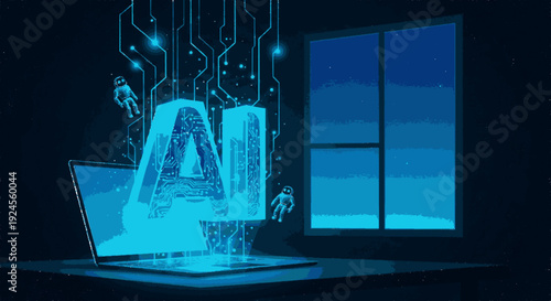 Glowing blue ai letters emerge from laptop in dark room with futuristic circuit lines and window