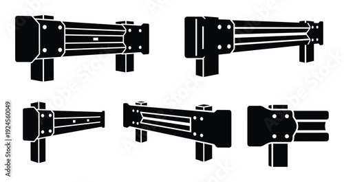 Highway Guardrail Posts Black Silhouette, Road Safety Barrier System Set, Crash Prevention, Safety Measure