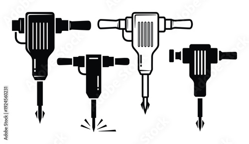 Jackhammer tool vector illustrations set, demolition hammer, pneumatic drill construction equipment, power tools isolated.