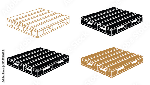 Isometric wooden pallet illustrations in brown and black isolated on white background