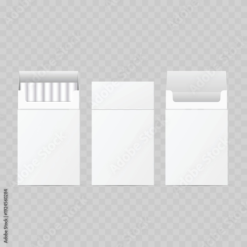 Realistic White Cigarette Pack Mockup Set. Vector Open and Closed Flip-Top Box Template with Cigarettes.