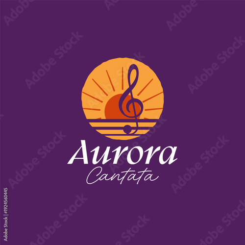 Aurora cantatas logo with a treble clef in the sunset, ideal for musicrelated businesses, concerts, or vocal ensembles. Elegant and captivating design.
