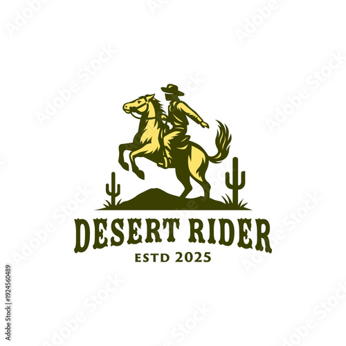 Cowboy riding horse in desert logo, perfect for westernthemed designs, posters, and articles needing a rugged, adventurous feel. Marketers, designers love.
