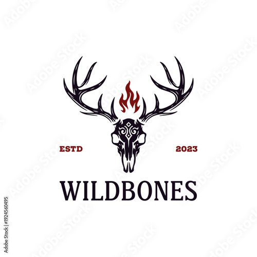 Wildbones logo features a deer skull engulfed in flames. Perfect for outdoors, hunting, camping, and extreme sports branding and marketing.