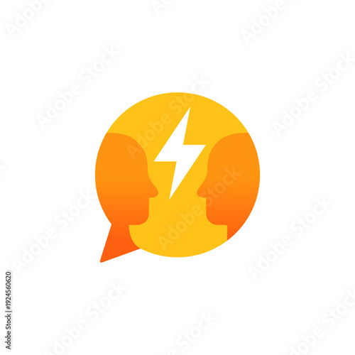 Two orange face silhouettes, conflict, lightning bolt. Suitable for diverse social issues, mental health, therapy, stress, disagreements, confrontation visuals.