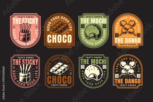 Mochi, Dango and Chocolate sticky, Cocoa bar retro badge logo design set for cafes. Asian desserts vintage patch sticker pack for culinary. Sweet food rustic emblem elements bundle for street food