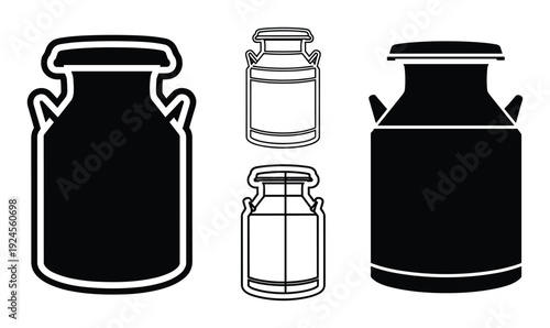 Milk Cans Vector Art, Set of Milk Containers with Handles in Black and White Isolated