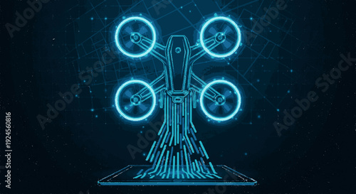 Futuristic drone with glowing blue propellers and advanced technology interface on dark background with grid pattern
