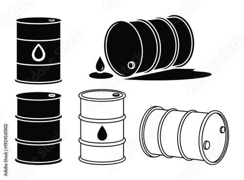 Oil Drums Vector Illustration, Black and White Crude Oil Barrel Icons, Dangerous Toxic Liquid Container Illustration