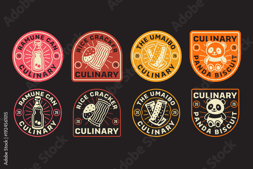 Soda drink, Rice cracker, Umaibo, Panda biscuit retro badge logo design set for snacks. Culinary dessert and beverage vintage patch sticker pack. Sweet and savory foods rustic emblem elements bundle