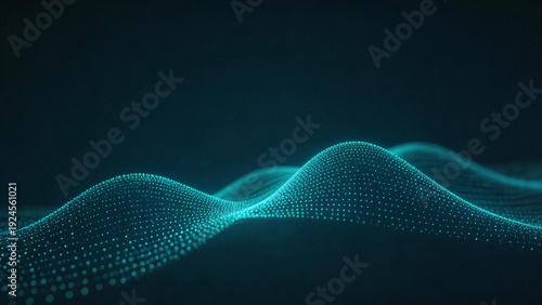 Abstract 3D particle wave visualization on a dark teal background. Represents data flow, technology, and futuristic digital art concepts with smooth, dynamic patterns.