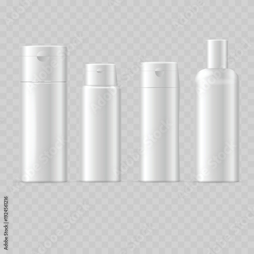 Realistic White Cosmetic Bottle Mockup Set. Vector Plastic Shampoo, Lotion and Shower Gel Container Templates with Flip-Top Caps.