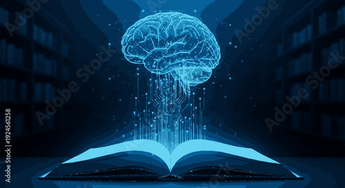 Glowing brain illustration emerging from open book in a library with bookshelves and dark blue atmosphere