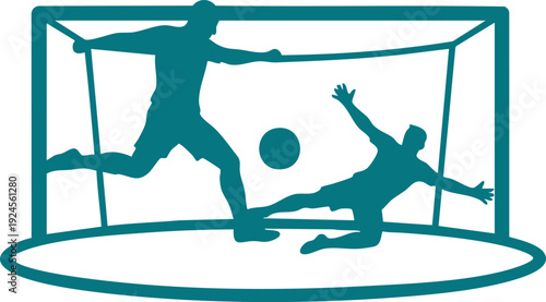 Teal silhouette soccer player kicking ball past goalkeeper