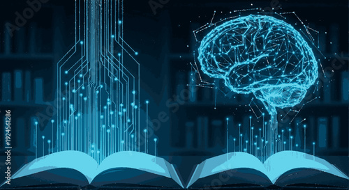 Digital brain emerging from open book with futuristic data streams and library background symbolizing artificial intelligence and knowledge