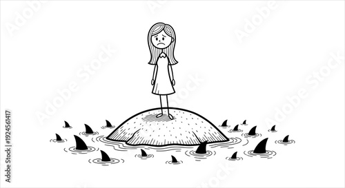 Vulnerable stick figure woman stranded on an island, surrounded by circling shark fins