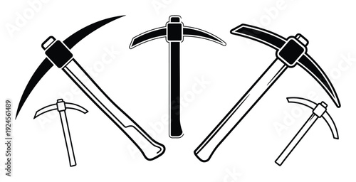 Pickaxe vector graphic set, multiple angles and sizes. Mining tool illustration, black and white outline.