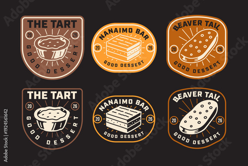 Butter tart, Nanaimo bar, Beaver tail pastry retro badge logo design set for bakery and cafes. Traditional canadian sweets vintage patch sticker pack. Bakery dessert rustic emblem elements collection