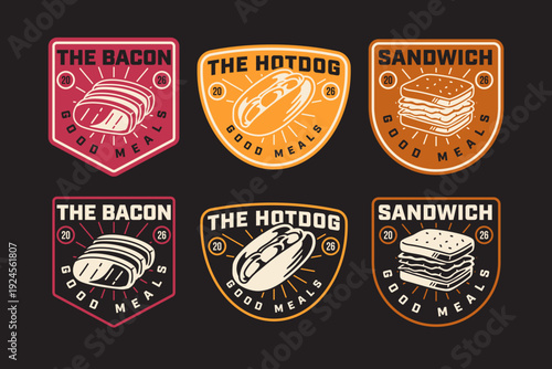 Bacon slices, Hotdog, Stacked sandwich retro badge logo design set for restaurant and cafes. Fast food vintage patch sticker pack. Street food rustic emblem elements collection