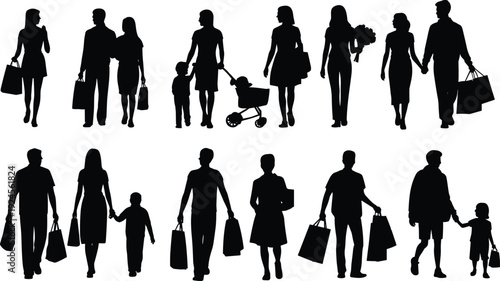 Family and shoppers silhouettes collection, men women and children walking with shopping bags isolated on white background