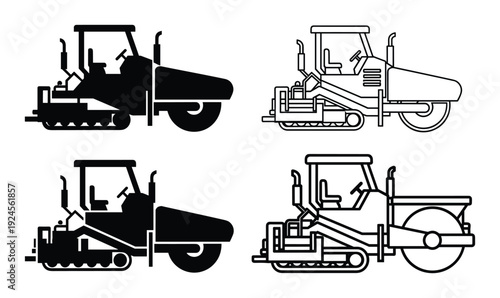 Road roller line art vector illustration set, black and white road roller, heavy equipment, construction machinery isolated.