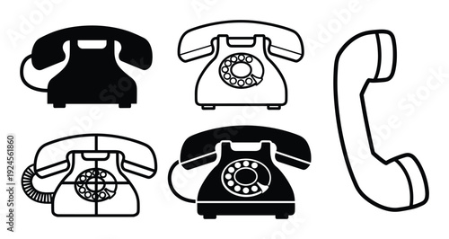 Rotary phone vectors, landline telephones in black and white color, antique telephones set, handset telephones