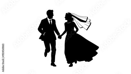 Bride and Groom Silhouette in Romantic Dance with Flowing Wedding Veil in Soft Black and Illustration for Wedding Invitation Transparent BACKGROUND