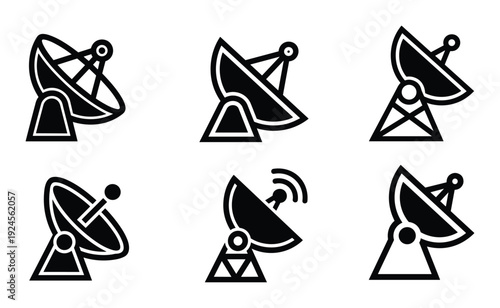 Satellite dish vector icons set, communication antennas. Telecommunication radio signal receiver illustrations