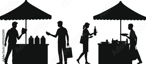 Outdoor street market silhouettes, vendors and customers buying food at stalls isolated on white background, urban retail vector illustration set