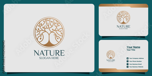 Elegant abstract tree logo design in a circular golden outline, presented with matching professional business card templates, ideal for branding nature-inspired businesses and wellness companies