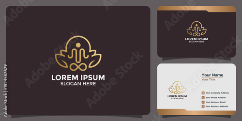 Golden minimalist meditation and yoga logo design concept, paired with an elegant business card template, ideal for luxury wellness and health branding