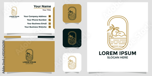 Elegant minimalist monoline logo of a golden tropical island beach scene with a palm tree, sun, and ocean waves, perfect for travel, resort, or vacation branding