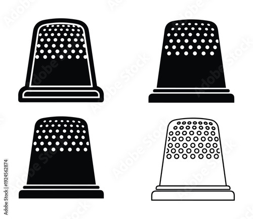 Set of four thimble silhouettes, black and outline vector sewing tools, different styles and variations.